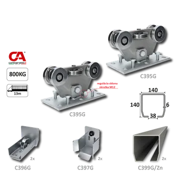 Pohon brány GRANDE-Klasik samonosný systém 140x140x6 mm pro posuvné brány do 800 kg / 13 m otvor (C399G/Zn 2x 6 m pozinkovaný profil, C395G Klasik 2ks, C397G 2ks, 2x C396G 2ks), běžný provoz