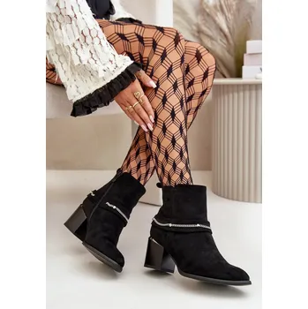 Dámská zimní obuv Zateplené Dámské Kotníkové Boty Na Podpatku S Řetízkem Eko Semišové Černé Hanalen 40