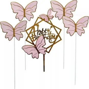 Jedlá dekorace na dort Dortisimo Zápich do dortu zlatý Happy Birthday s motýlky (5 ks)
