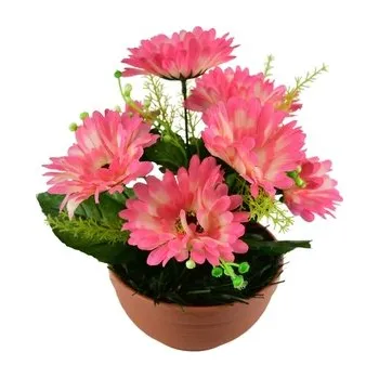 umělá květina Gerbery růžové 7 květů v terakotové misce Ø22/ 24 cm