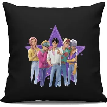 Žertovný předmět Saja boys - černý polštář s potiskem pro fanoušky huntrix kpop demon hunters- Tričkový.cz