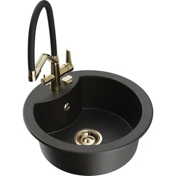 Granitový dřez MEXEN/S - Diego granitový dřez 1-miska včetně baterie Duo, černá/zlatá metalik 6512-75-671701-57-G