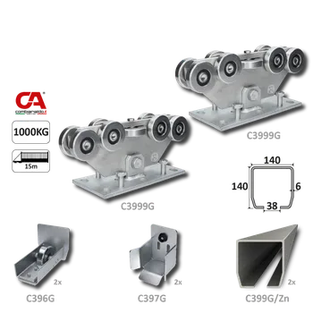 Pohon brány GRANDE-9 samonosný systém 140x140x6 mm pro posuvné brány do 1000 kg / 15 m otvor (C399G/Zn 2x 6 m pozinkovaný profil, C3999G 2ks,C396G 2ks, C397G 2ks), intenzivní provoz