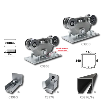 GRANDE-Klasik samonosný systém 140x140x6 mm pro posuvné brány do 800 kg / 13 m otvor (C399G/Fe 2x 6 m černý profil, C395G 2ks, C396G 2ks, C397G 2ks), běžný provoz