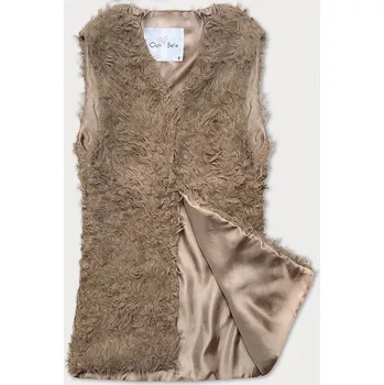 Dámská vesta Tmavě béžová kožešinová vesta s dlouhým vlasem (1402) odstíny béžové XL (42)