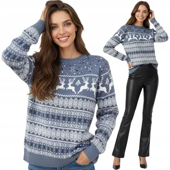 Dámský svetr Dámský vánoční svetr modrý norský vzor sobů teplý módní vlněný XL