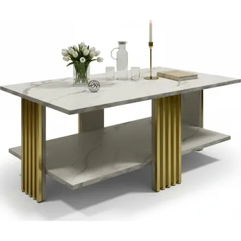 Konferenční stolek KONFERENČNÍ STOLEK OBDÉLNÍKOVÝ DŘEVĚNÝ LAVIČKA LOFT OBÝVACÍ POKOJ POLICE MARMUR BÍLÝ