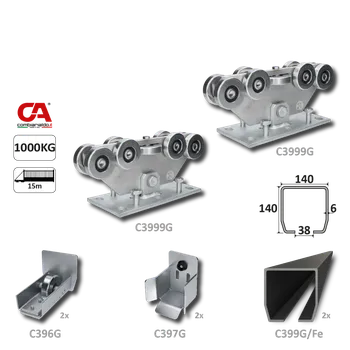 Pohon brány GRANDE-9 samonosný systém 140x140x6 mm pro posuvné brány do 1000 kg / 15 m otvor (C399G/Fe 2x 6 m černý profil, C3999G 2ks, C396G 2ks, C397G 2ks), intenzivní provoz