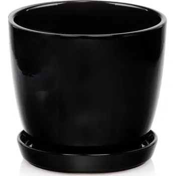 Květináč Květináč Polnix keramický kulatý černý 15 cm s podstavcem