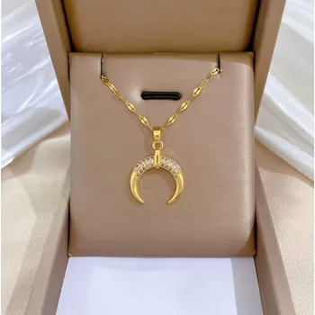 Náhrdelník Zlatý Náhrdelník Měsíc s Zirkony Dámský z Ocel jako Dárek