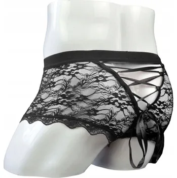 Boxerky Pánské sexy průhledné boxerky s krajkou a vázáním - M