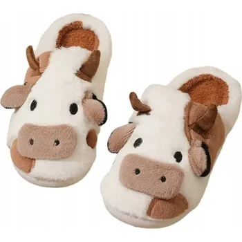 Dámské pantofle Dámské zateplené kravské Pantofle s nášivkami, plyšové, animovaná pohádka , hnědé