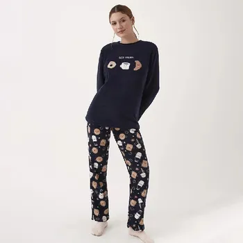 Dámské pyžamo Dámské teplé pyžamo Promise dlouhé 542 káva modré Velikost: M