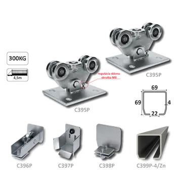 PICCOLO-Klasik samonosný systém 69x69x4 mm pro posuvné brány do 200 kg / 4,5 m otvor (C399P-4/Fe 1x 6 m pozinkovaný profil, C395P KLASIK 2ks, C396P 1ks, C397P 1ks, C398P 1ks) intenzivní provoz