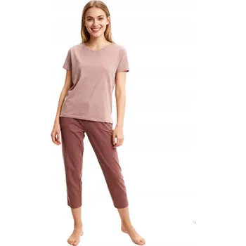 Dámské pyžamo BAVLNĚNÉ DÁMSKÉ PYŽAMO DVOUDÍLNÉ VÝSTŘIH DO V MORAJ KRÁTKÝ RUKÁV BÉŽOVÉ L