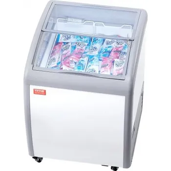 Chlazení Vitrína na zmrzlinu VEVOR pro komerční účely, mrazicí truhlice o objemu 154 l, mobilní mrazák se skleněnou deskou, restaurační mrazicí vitrína na zmrzlinu se 2 drátěnými koši, 2 posuvné skleněné dveře, kolečka s aretací, bílá