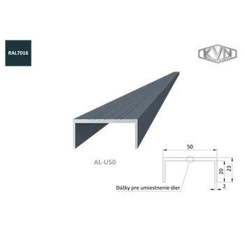 Stavební profil Hliníkový U profil 50x22x6000 mm s povrchovou úpravou, práškové lakování , ANTRACIT RAL7016, materiál EN AW-6060 T66, cena za KUS