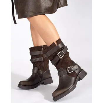 Dámské polobotky Trendy dámské hnědé kotníkové boty na širokém podpatku 40