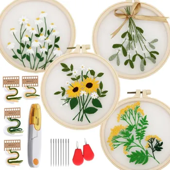 Vyšívací vzor 4ks Sada pro vlastní vyšívání, Organza, botanický motiv