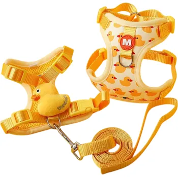 Obojek pro psa Žlutý postroj pro psa 3–4 kg s motivem kachniček Velikost L Nastavitelný nylonový popruh s vodítkem 1,5 m Obvod hrudníku 35–40 cm Pro psy