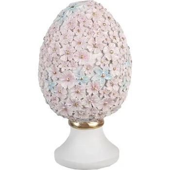 Dekorace růžovo-modré květinové vajíčko na podstavci – 10x18 cm