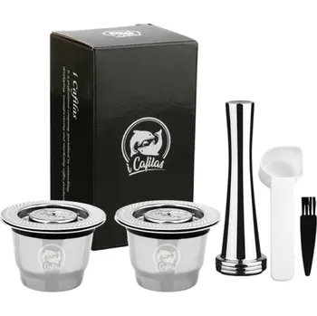 Kávovar Sada 2ks nerezových kapslí na mletou kávu do Nespresso kávovaru s tamperem, plastovou lžičkou a čisticím kartáčkem pro opakované použití