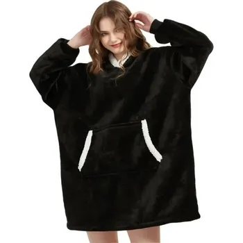 Dámská mikina Dámská zimní mikina s kapucí Nadměrná hřejivá deka s dlouhými flanelovými rukávy a kapsami Pohodlný volnočasový svršek z měkkého polyesteru černá