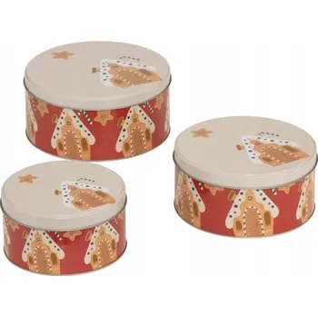 Dóza na potraviny KULATÝ NÁDOBA NA SUŠENKY KOVOVÁ, SADA 3 KUSŮ, ČERVENÁ, VÁNOČNÍ
