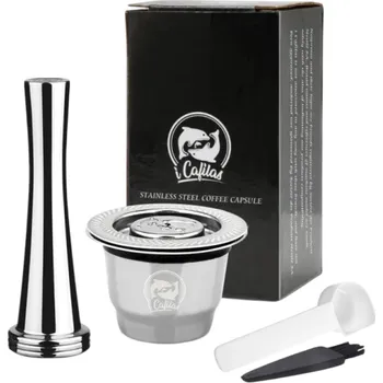 Kávovar Nerezová opakovaně použitelná kapsle na mletou kávu do kávovaru Nespresso s tamperem, lžičkou a kartáčkem pro snadné čištění