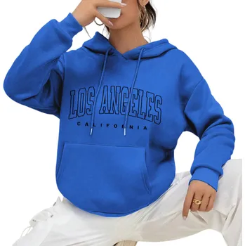 Dámská mikina Dámská mikina s kapucí a kapsami Jednobarevná mikina z polyesteru s nápisem Los Angeles Stylový volnočasový svršek v různých barvách modrá L