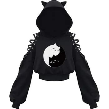 Dámská mikina Dámská mikina s kapucí s kočičíma ušima Černá mikina se vzorem kočky a šněrováním na ramenou Bavlněno-polyesterový volnočasový svršek L