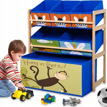 Úložný box DŘEVĚNÝ ÚLOŽNÝ BOX NA HRAČKY DĚTSKÝ REGÁL ORGANIZÉR 6x TEXTILNÍ POLICE