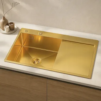 Granitový dřez Dřez Zlatý PVD 78x49 cm Jednokomorový s Odkapávačem + Sifon