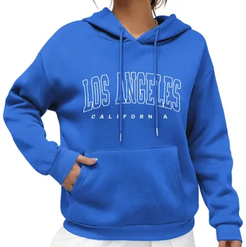 Dámská mikina Dámská mikina s kapucí a kapsami Jednobarevná mikina s nápisem Los Angeles Pohodlný volnočasový svršek z měkkého polyesteru v různých barvách modrá XS
