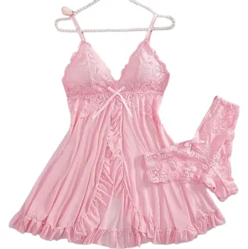 Dámské noční prádlo Letní sexy dámská noční košilka s krajkou Průsvitné spodní prádlo s výstřihem do V Měkké pyžamo z polyesteru včetně tang Různé barvy růžová L