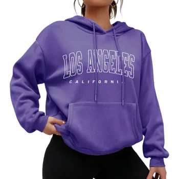 Dámská mikina Dámská mikina s kapucí a kapsami Jednobarevná mikina s nápisem Los Angeles Pohodlný volnočasový svršek z měkkého polyesteru v různých barvách fialová XS
