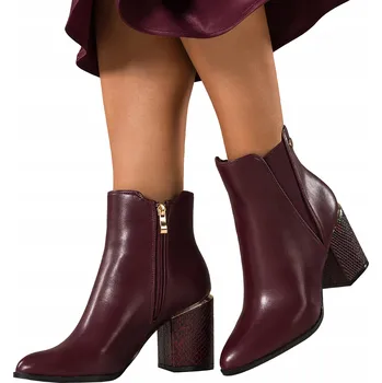 Dámské kozačky KOTNÍKOVÉ BOTY Bordó Dámské POHODLNÉ Ozdobný Hadí Vzor Zlatý Podpatek Zlaté Doplňky MÓDNÍ vel. 41