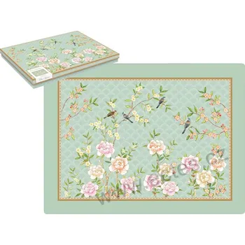 prostírání Easy Life PALACE GARDEN AQUA tyrkysové velké korkové prostírání ptáci a květy ve větvích 4 ks