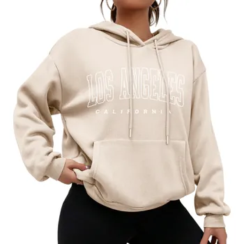 Dámská mikina Dámská mikina s kapucí a kapsami Jednobarevná mikina s nápisem Los Angeles Pohodlný volnočasový svršek z měkkého polyesteru v různých barvách béžova XL