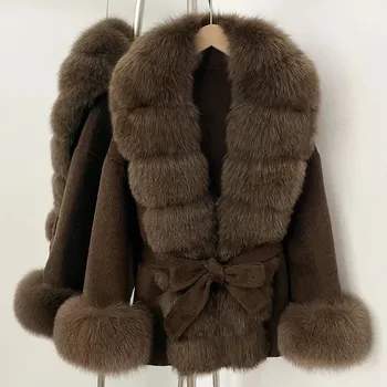 Dámská parka Elegantní vlněný kabát s pravou kožešinou pro podzim a zimu Barva: Hnědá, Velikost: S
