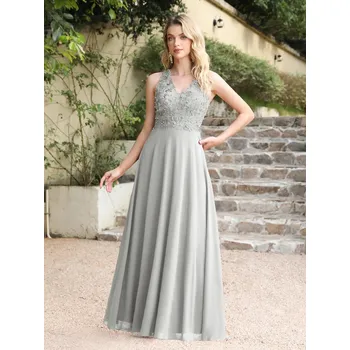 Dámské šaty Dlouhé tylové šaty s perličkami a halter výstřihem pro formální letní události Barva: Stříbrná, Velikost: XL