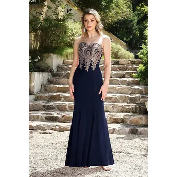 Dámské šaty Dlouhé tylové šaty v mořském střihu se zlatou krajkou pro elegantní večerní události Barva: Tmavě Modrá, Velikost: XL