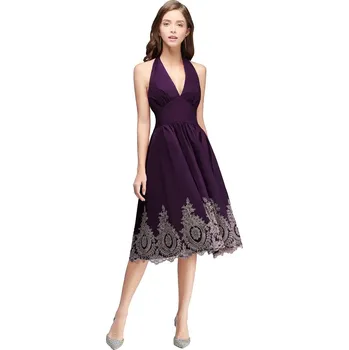 Dámské šaty Krátké vyšívané šaty s halter výstřihem a odhalenými zády Barva: Fialová, Velikost: XS