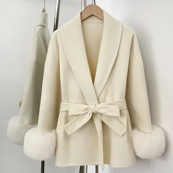 Dámský kabát Dámský kabát z umělé kožešiny s vlněnými detaily pro podzim a jaro Barva: Béžová, Velikost: M