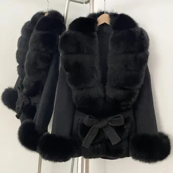 Dámská parka Elegantní vlněný kabát s pravou kožešinou pro podzim a zimu Barva: Černá, Velikost: S