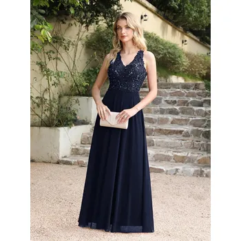 Dámské šaty Dlouhé tylové šaty s perličkami a halter výstřihem pro formální letní události Barva: Tmavě Modrá, Velikost: S