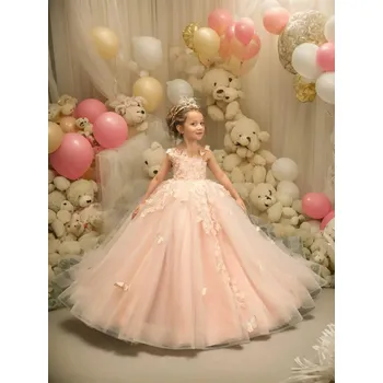 Dívčí šaty Dívčí tylové šaty s květinovými aplikacemi a vlečkou pro slavnostní příležitosti Barva: Pudrová, Velikost: 8