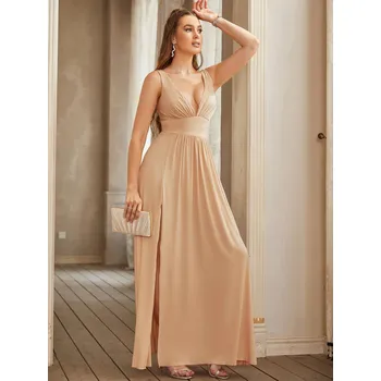 Dámské šaty Dlouhé šaty s výstřihem do V a rozparkem pro slavnostní večerní akce Barva: Zlatá, Velikost: 3XL