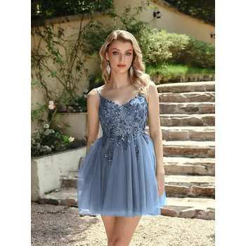 Dámské šaty Krátké flitrované šaty s tylovou sukní pro koktejlové a slavnostní akce Barva: Modrá, Velikost: 4XL