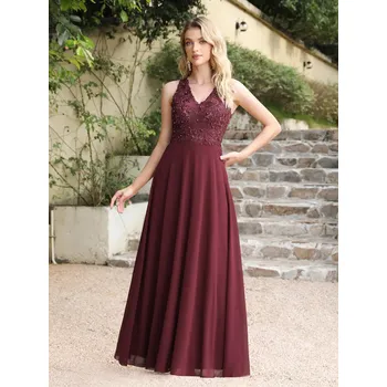 Dámské šaty Dlouhé šaty s korálky a krajkou v áčkovém střihu pro formální události Barva: Bordová, Velikost: S